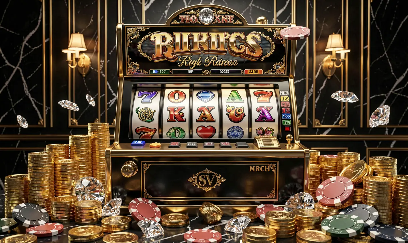 Classic casino slot machine with triple lucky sevens and flying gold coins representing premium slot entertainment at 52OK for players in Bangladesh